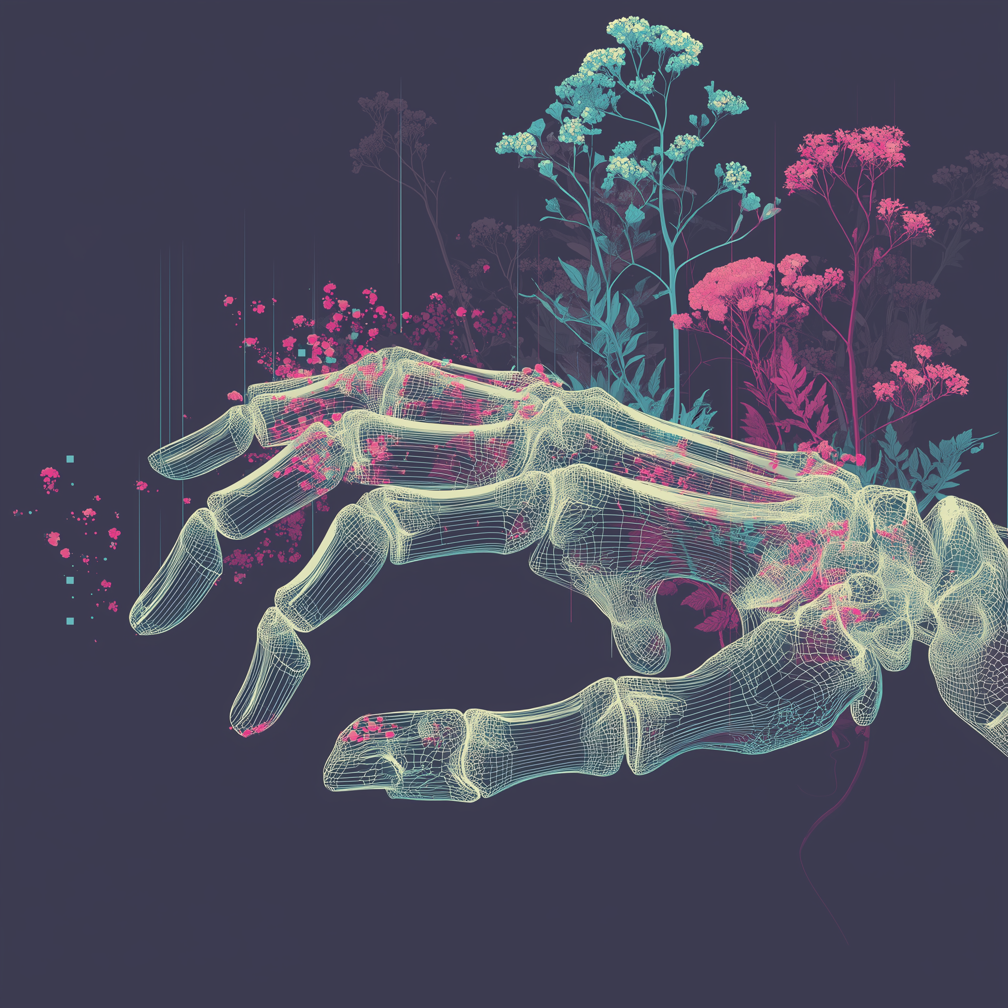 Wireframe skeletal hand with botanical tendrils growing through — human-technology synthesis